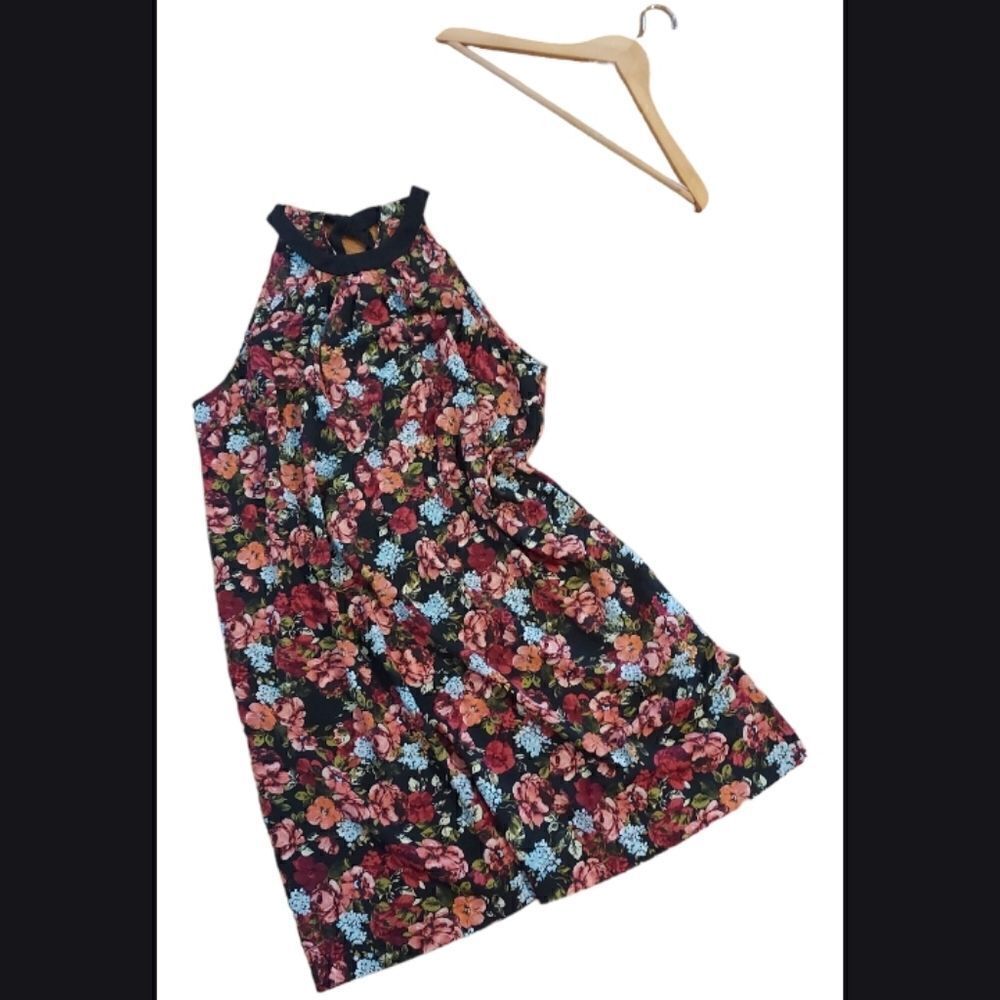 Layered Floral Dress with Faux Suede Neck Tie